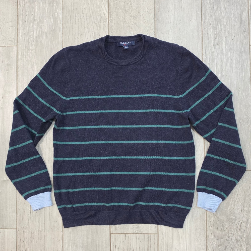 Brooks Brothers Fleece Womens Large Navy Blue Green Striped Cotton Wool Sweater